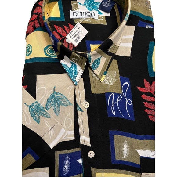 Vintage Men’s Damon Rayon Short Sleeve Button Down Shirt Leaf Pattern 1XL BIG - Picture 2 of 6